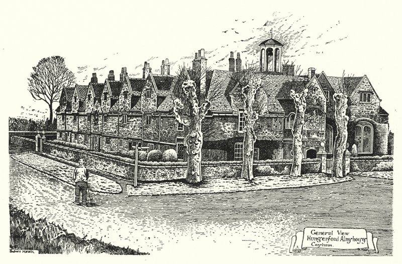 Yleisnäkymä, Hungerford Almshouses, Corsham (kaiverrus) tekijältä Sidney Heath