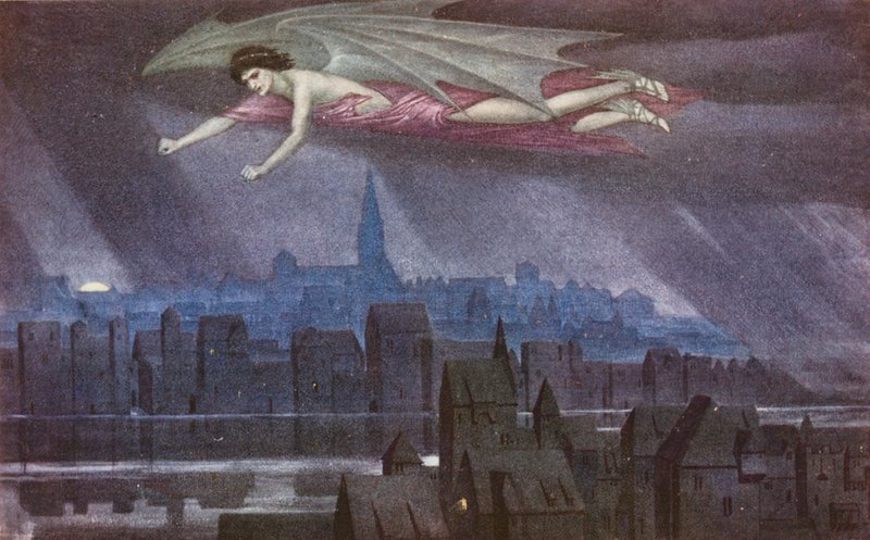 Kultainen legenda: Lucifer lentää kaupungin yllä (värilitografia). tekijältä Sidney Meteyard
