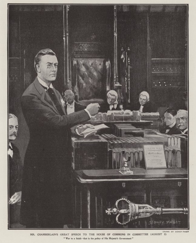 Joseph Chamberlainin puhe buurien sodasta alahuoneessa 2. elokuuta 1901 (litho) tekijältä Sidney Paget