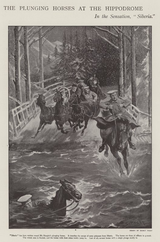 Uppoavat hevoset Siperiassa, esitys Lontoon Hippodromessa (litho) tekijältä Sidney Paget