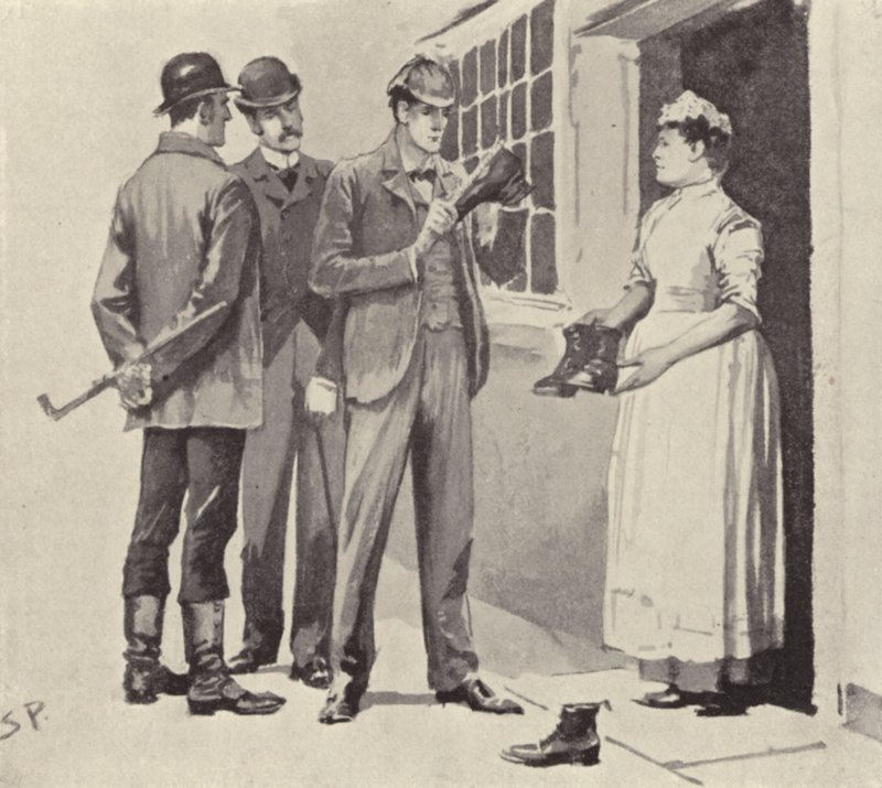 Piika näytti meille saappaat: kohtaus Sherlock Holmesin tarinasta The Boscombe Valley Mystery, kirjoittanut Arthur Conan Doyle (litho) tekijältä Sidney Paget