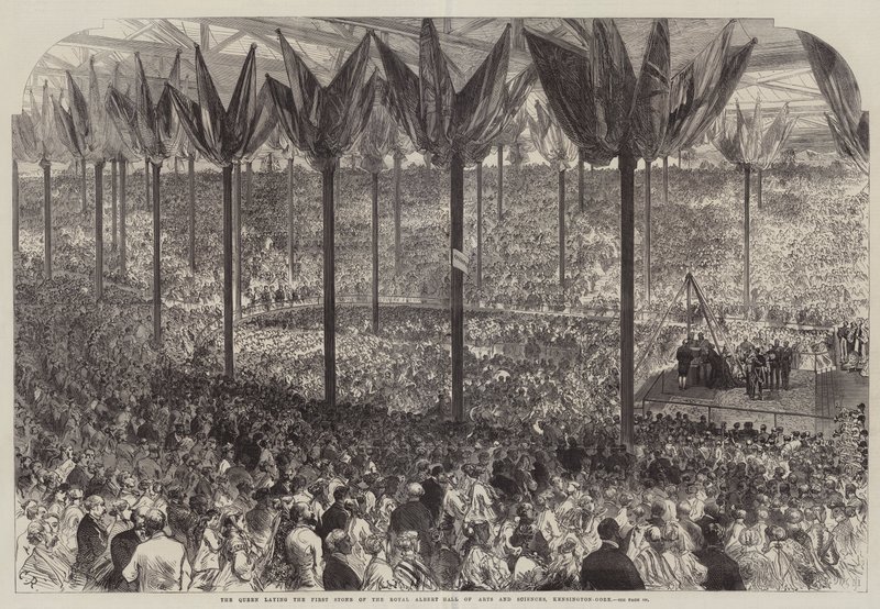 Kuningatar laskemassa ensimmäisen kiven Royal Albert Hall of Arts and Sciences -taloon, Kensington-Gore tekijältä Sir John Charles Robinson