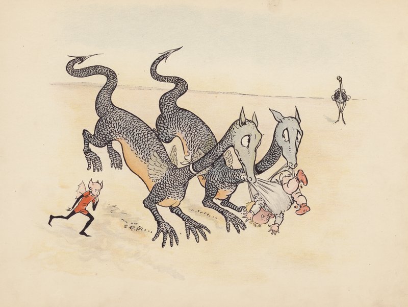S Rosamond Praegerin kuvitus sarjaan Little Twin Dragons (värilitografia). tekijältä Sophia Rosamond Praeger