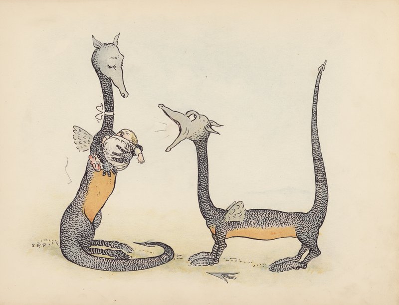 S Rosamond Praegerin kuvitus sarjaan Little Twin Dragons (värilitografia). tekijältä Sophia Rosamond Praeger