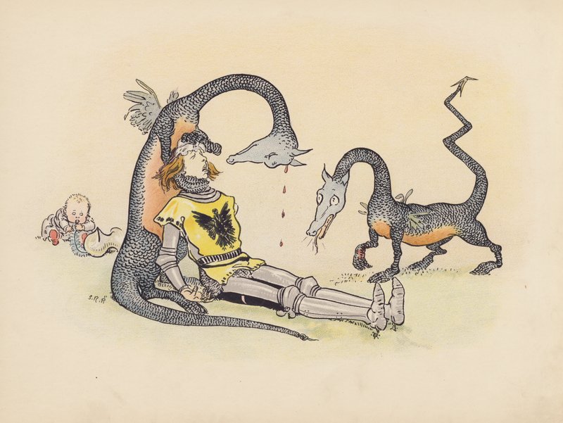S Rosamond Praegerin kuvitus sarjaan Little Twin Dragons (värilitografia). tekijältä Sophia Rosamond Praeger