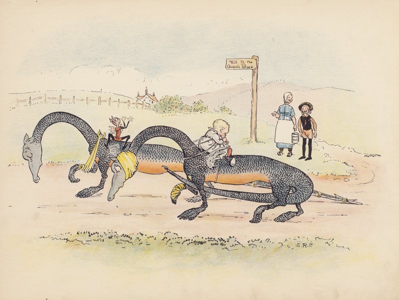 S Rosamond Praegerin kuvitus sarjaan Little Twin Dragons (värilitografia). tekijältä Sophia Rosamond Praeger