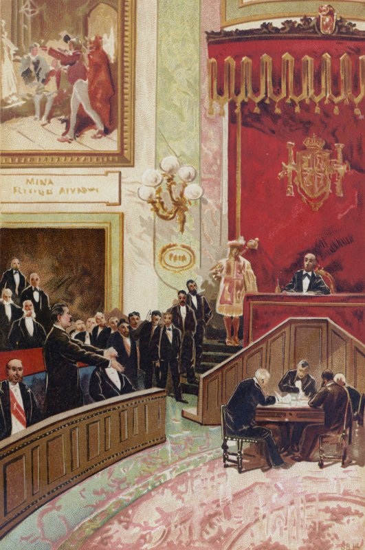 Espanjan ensimmäisen tasavallan julistaminen Cortesissa Madridissa 11. helmikuuta 1873 tekijältä Spanish School
