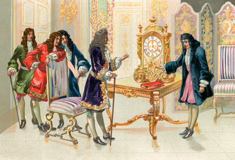 Christiaan Huygens esittelee heilurikellon Louis XIV:lle tekijältä Spanish School