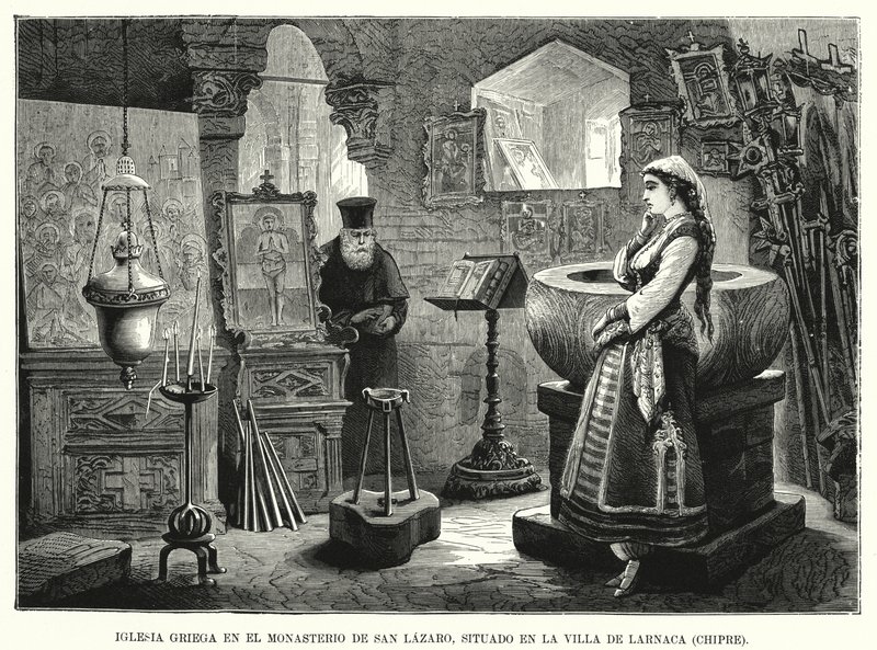 Pyhän Lasaruksen luostarin kreikkalaisortodoksinen kirkko, Larnaca, Kypros (litho) tekijältä Spanish School