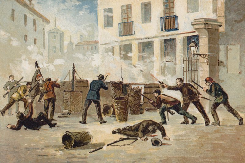 Valencian kansallisen miliisin jäsenet kieltäytyivät aseistariisunnasta, Espanja, 1873 tekijältä Spanish School