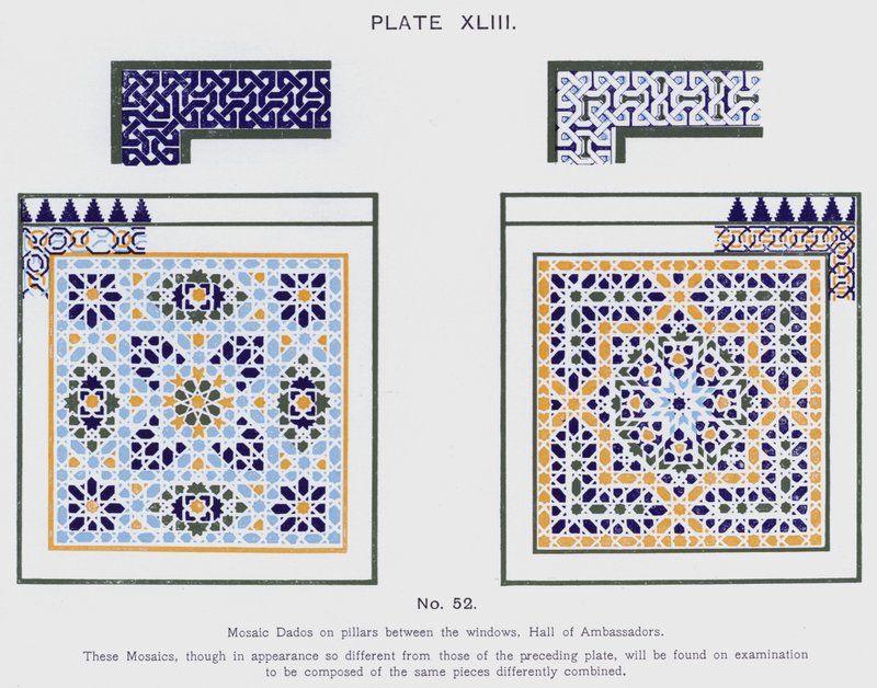 Mosaiikki-dadot pilareissa ikkunoiden välissä, Suurlähettiläshalli (väri litho) tekijältä Spanish School