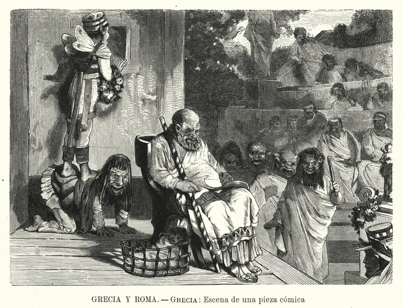 Komedian esitys antiikin Kreikan teatterissa (litho) tekijältä Spanish School