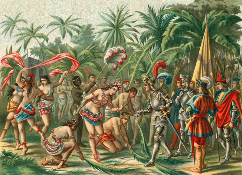Vastaanotto Anacaonasta, nimeltään kultainen kukka, Hispaniolalta Bartholomew Columbukselle ja Hermano del Almirantelle tekijältä Spanish School