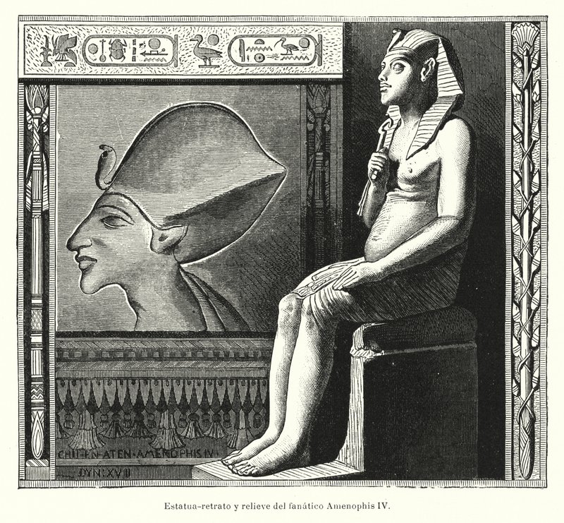 Muinaisen Egyptin faaraon Akhenatenin (Amenhotep IV) istuva patsas ja reliefi (litho) tekijältä Spanish School