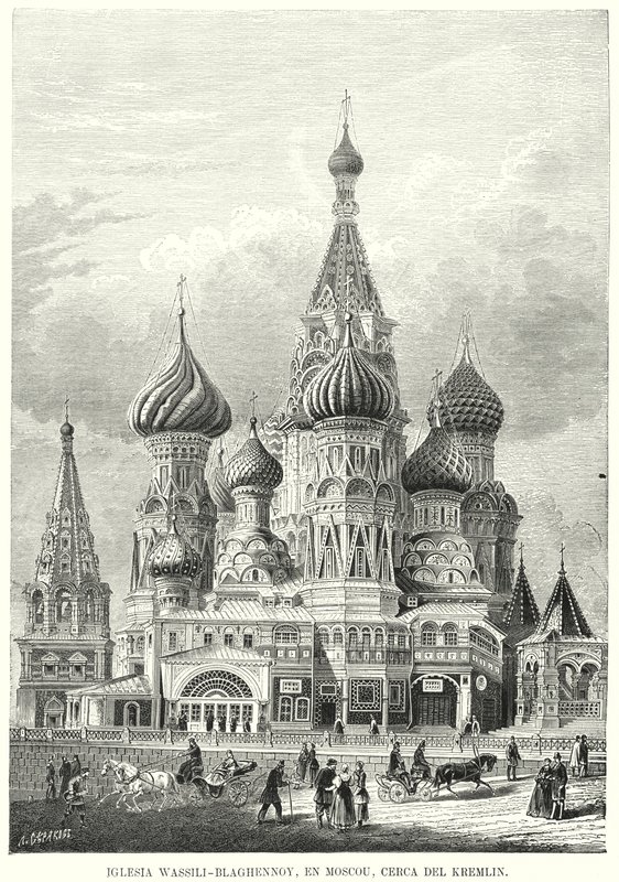 Pyhän Vasilin katedraali, Punainen tori, Moskova, Venäjä (litho) tekijältä Spanish School