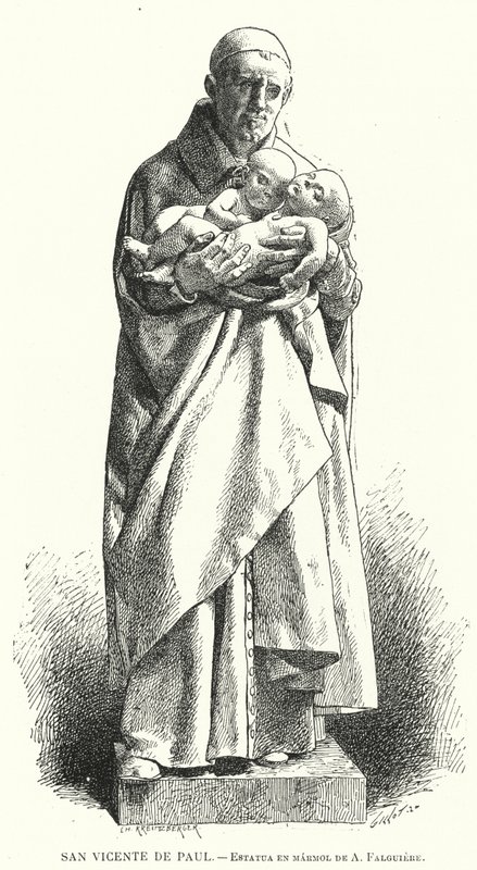 St Vincent de Paul, ranskalainen katolinen pappi, Jean Alexandre Joseph Falguieren marmoripatsas (litho) tekijältä Spanish School