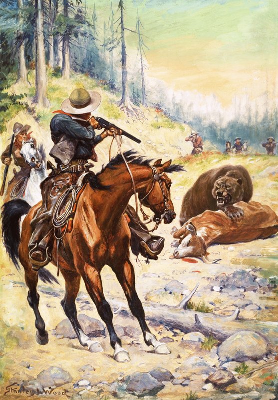 Amerikkalaiset cowboyt ympäröivät karhua, joka on kyyristynyt lehmän vartalon päälle tekijältä Stanley L. Wood