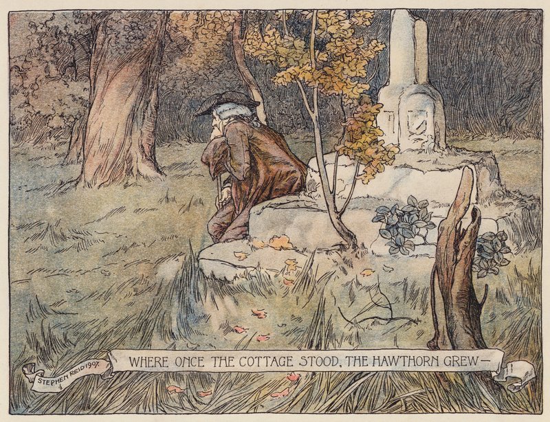 Oliver Goldsmithin kuvitus elokuvaan The Deserted Village (värilitografia). tekijältä Stephen Reid