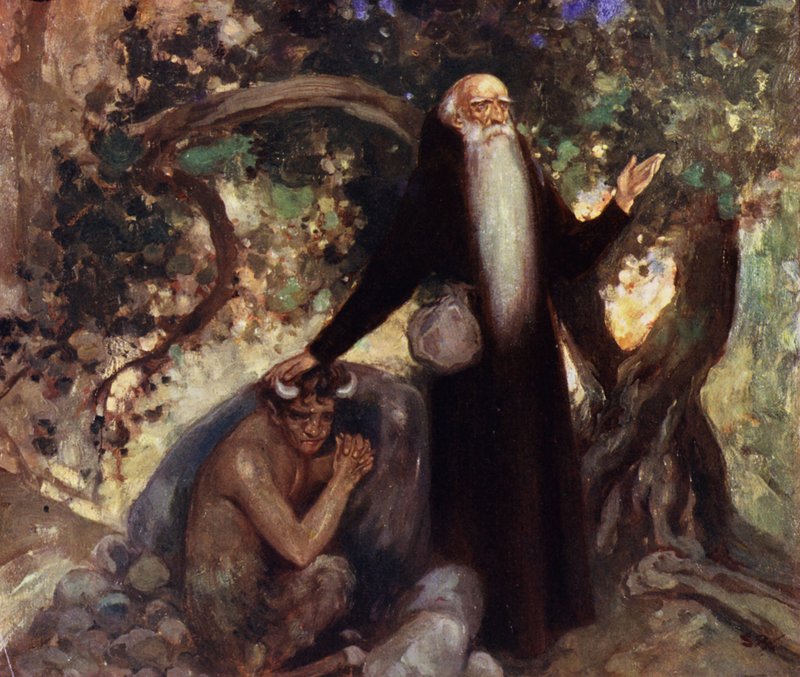 Pyhä Antonius ja Satyr (väri litho) tekijältä Stephen Reid