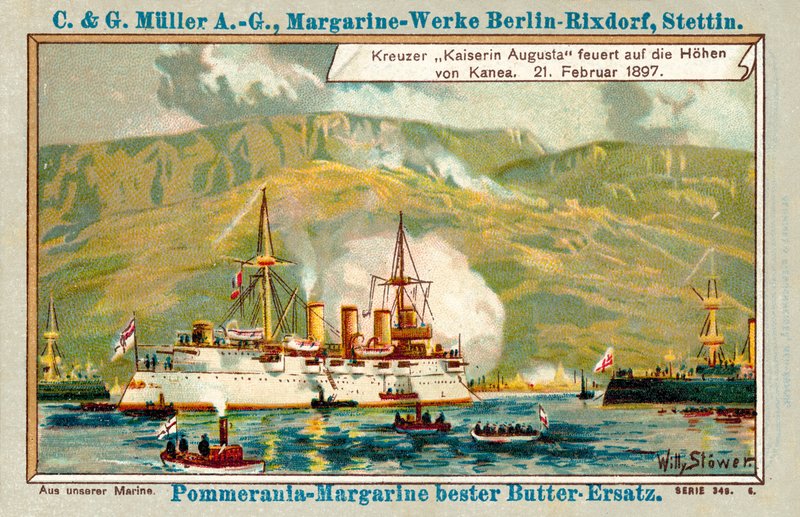 Saksalainen risteilijä Kaiserin Augusta ampui Hanian kukkuloilla Kreetalla 21. helmikuuta 1897 (chromolitho) tekijältä Stoewer Willy