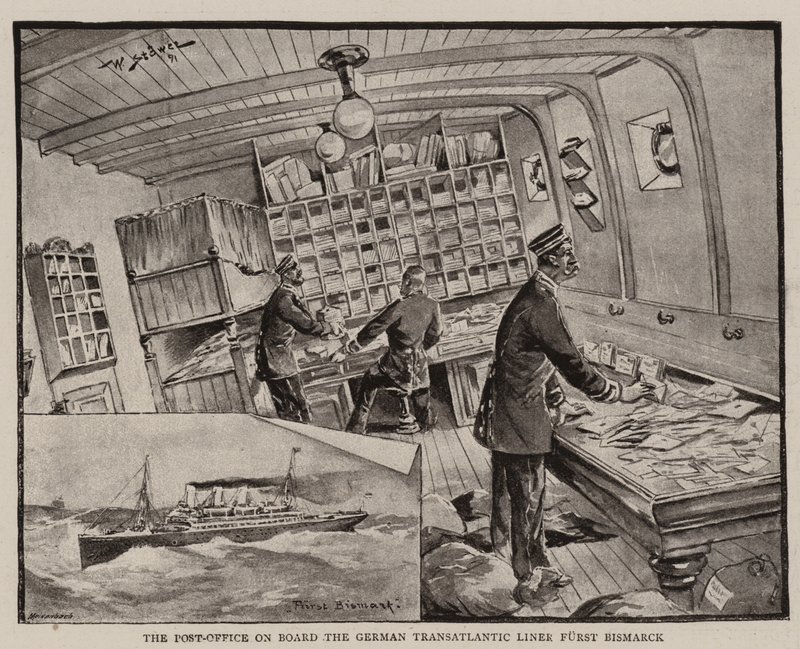 Postitoimisto saksalaisella transatlanttisella laivalla Furst Bismarckilla. tekijältä Stoewer Willy