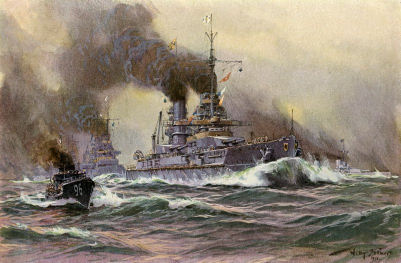 Saksan laivaston linja-alukset Kielin edustalla (väri litho) tekijältä Willy Stoewer 