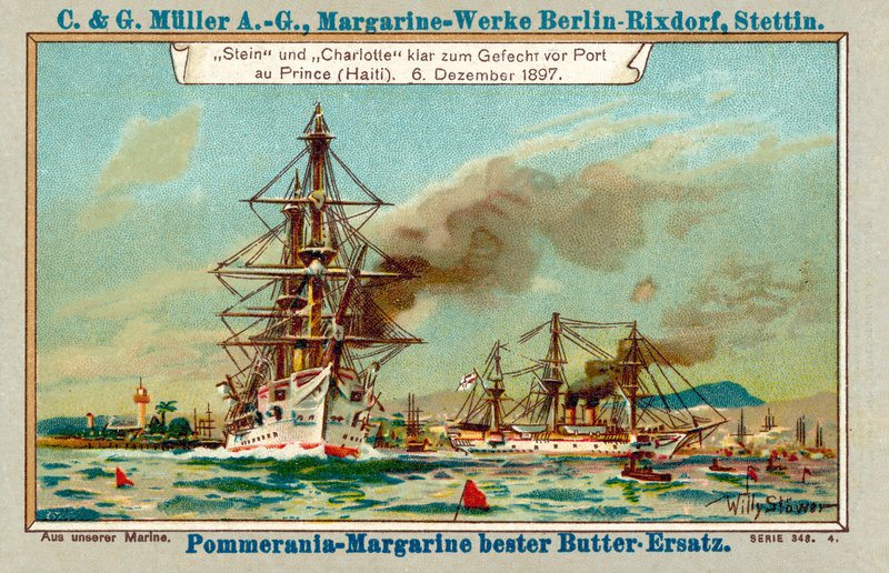 Saksalaiset sota-alukset Stein ja Charlotte Port au Prince Harbourissa Haitissa Ludersin tapauksen aikana 6. joulukuuta 1897 (chromolitho) tekijältä Stoewer Willy