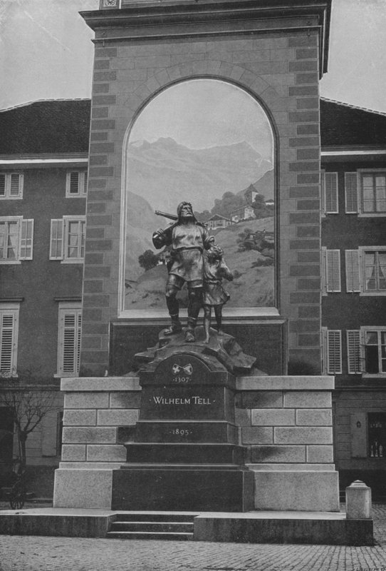 Altdorf, Guillaume Tellin patsas (valkoinen kuva) tekijältä Swiss Photographer