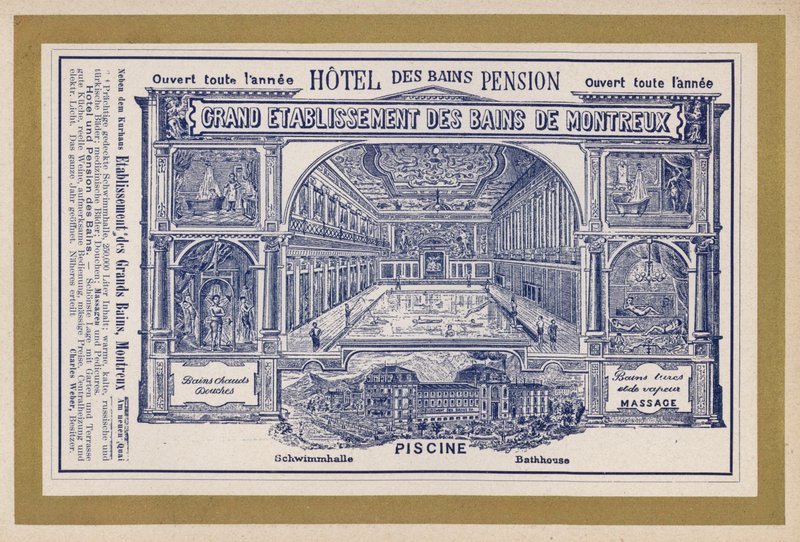 Mainos yritykselle Grand Etablissement Des Bains De Montreux (kaiverrus) tekijältä Swiss School