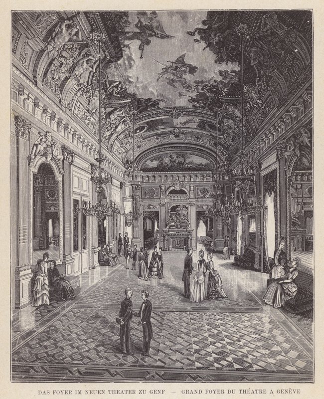 Geneven uuden teatterin aula, Grand Foyer du Theatre a Geneve (kaiverrus) tekijältä Swiss School