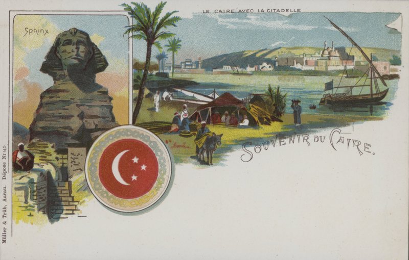 Egyptiläiset kohtaukset: Kairo ja sen linnoitus sekä Sfinksi (chromolitho) tekijältä Swiss School