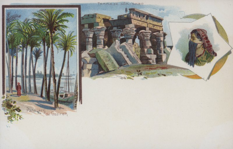 Egyptiläiset kohtaukset: palmuja Niilin rannoilla Gezirassa, Kairossa ja Kom Ombon temppelissä (chromolitho) tekijältä Swiss School