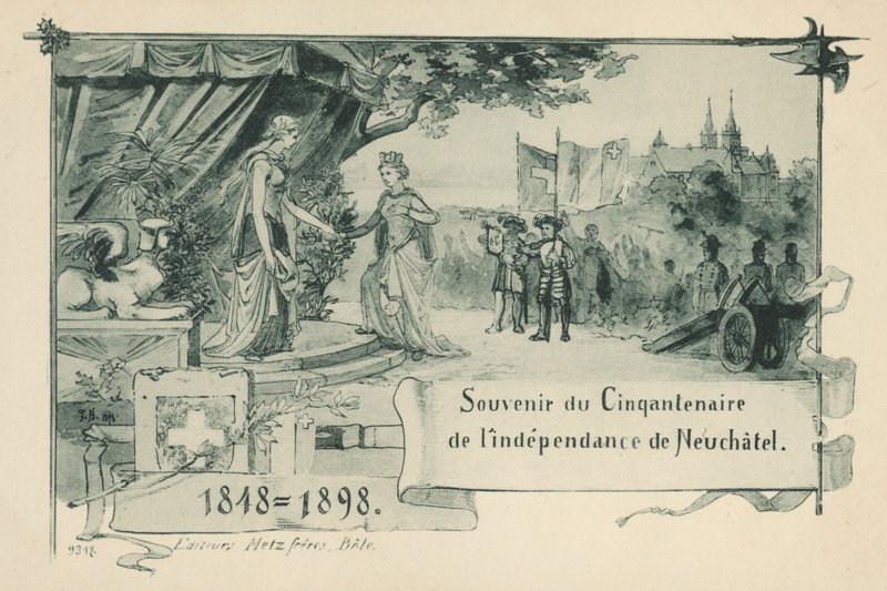 50 vuotta siitä, kun Neuchatel julisti itsensä tasavallaksi Sveitsin valaliitossa vuonna 1848 (litho) tekijältä Swiss School