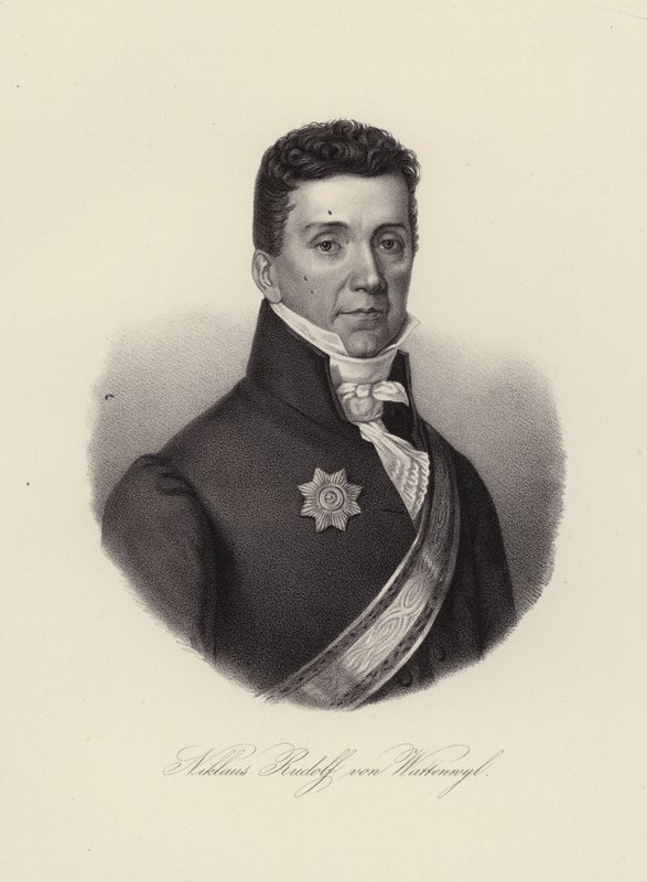 Niklaus Rudolf von Wattenwyl, sveitsiläinen kenraali ja viimeinen entisöinnin pormestari Bernin kaupungissa (kaiverrus) tekijältä Swiss School