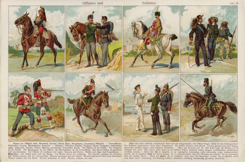 Euroopan armeijoiden upseerit ja sotilaat (chromolitho) tekijältä Swiss School
