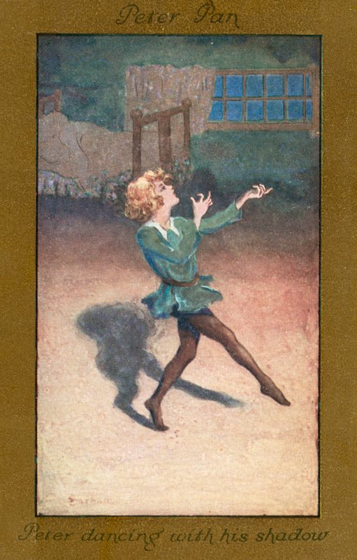 Peter Pan: Peter Pan: Peter tanssii varjonsa kanssa (värilitografia). tekijältä Sybil Barham