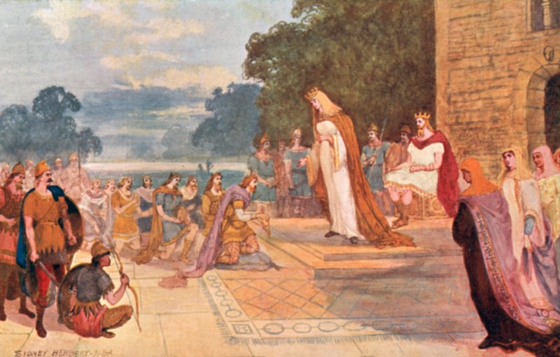 Kuningas Edgar ja kuningatar Elfrida vastaanottamassa kahdeksan sivujoen prinssin kunnianosoitusta Chesterissä, 973 jKr. tekijältä Sydney Herbert