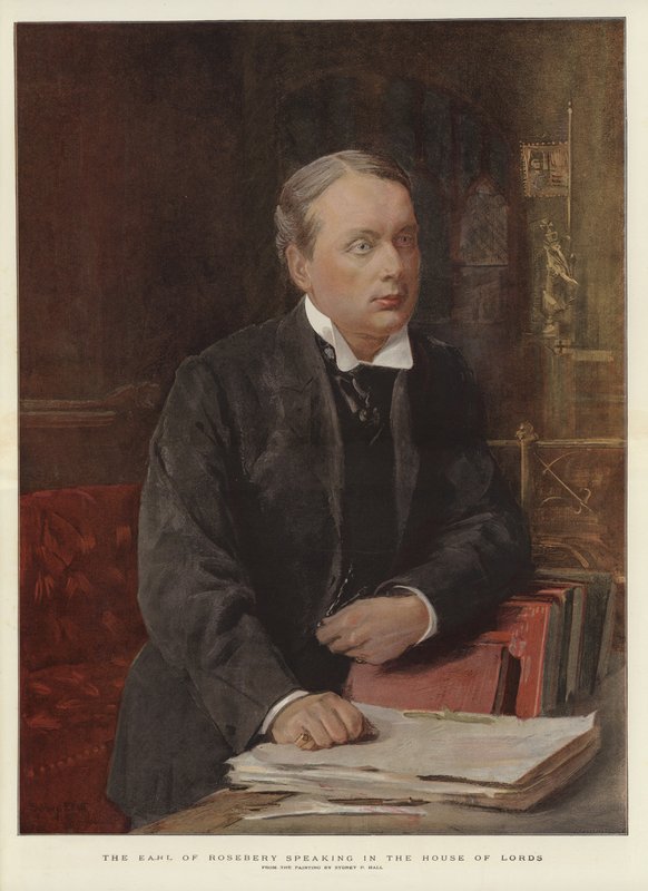 Earl of Rosebery puhumassa House of Lordsissa (väri litho) tekijältä Sydney Prior (after) Hall