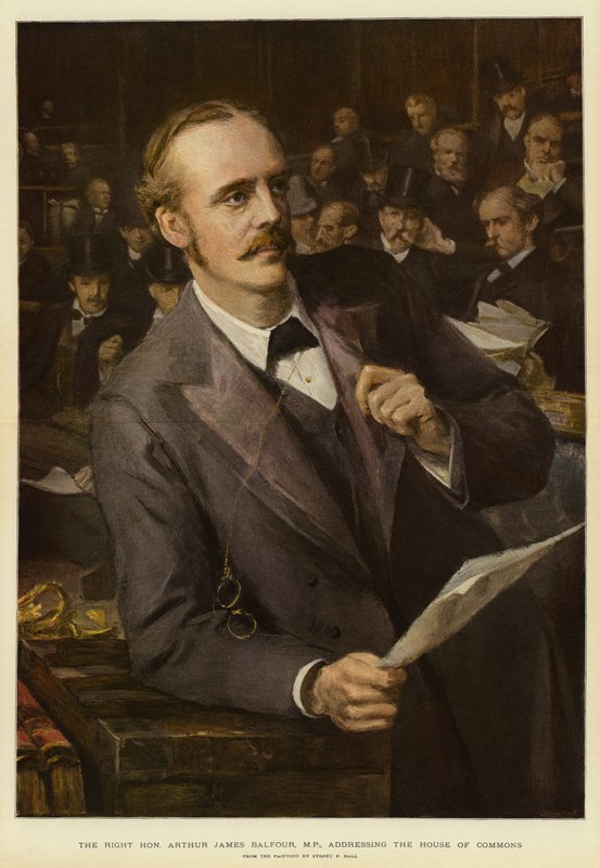 Oikeus arvoisa Arthur James Balfour, kansanedustaja, puhuu alahuoneessa (väri litho) tekijältä Sydney Prior (after) Hall