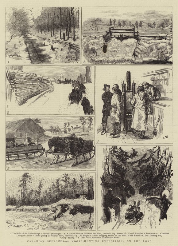 Canadian Sketches, hirvenmetsästysretkikunta, tiellä tekijältä Sydney Prior Hall