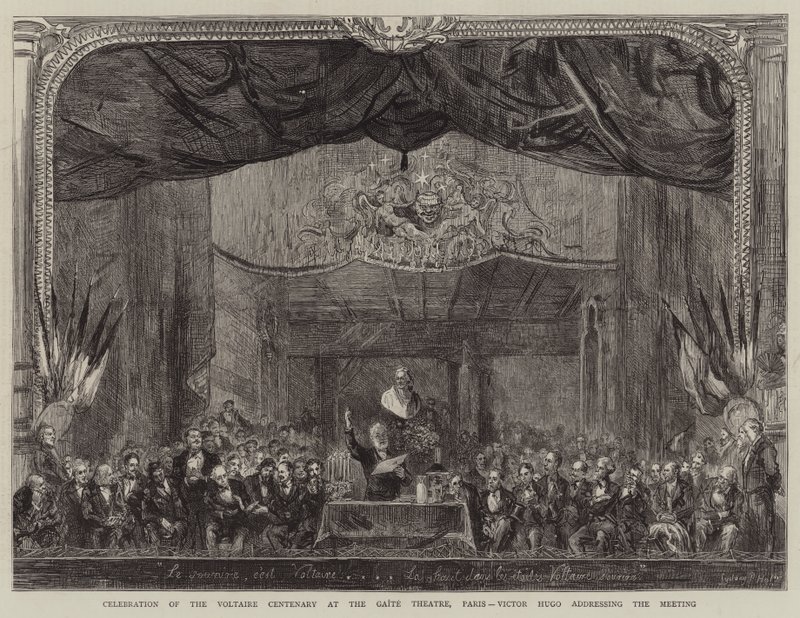 Voltairen 100-vuotisjuhla Gaite-teatterissa Pariisissa, Victor Hugo puhuu kokouksessa tekijältä Sydney Prior Hall