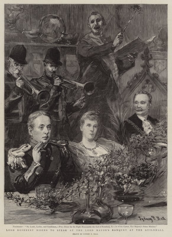 Lord Rosebery nousee puhumaan Lord Mayorin juhlaan Guildhallissa tekijältä Sydney Prior Hall