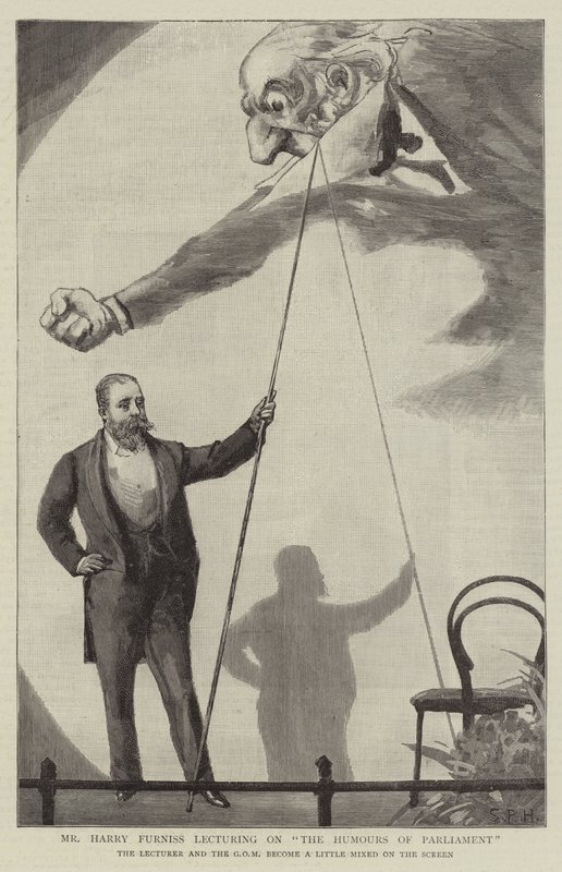 Herra Harry Furniss luennoi aiheesta The Humors of Parliament tekijältä Sydney Prior Hall