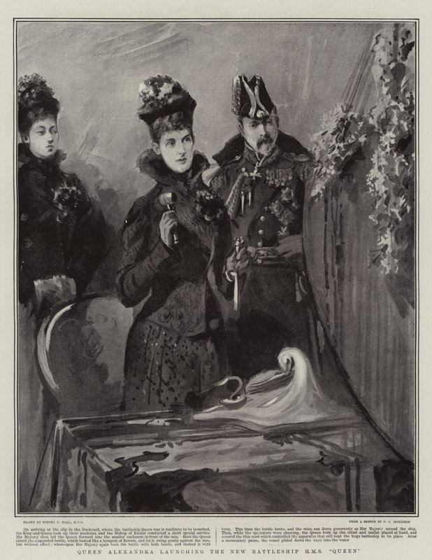 Kuningatar Alexandra käynnistää uuden taistelulaivan H M S Queenin tekijältä Sydney Prior Hall