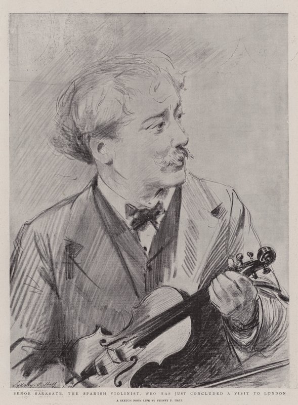 Senor Sarasate, espanjalainen viulisti, joka on juuri päättänyt vierailunsa Lontooseen tekijältä Sydney Prior Hall