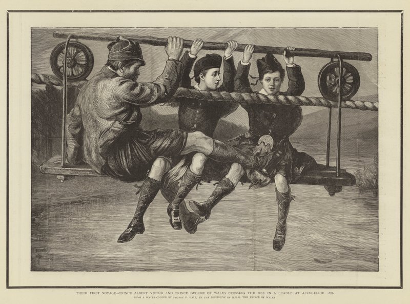 Ensimmäinen matka, prinssi Albert Victor ja Walesin prinssi George ylittivät Deen kehdossa Abergeldiessä 1876 tekijältä Sydney Prior Hall