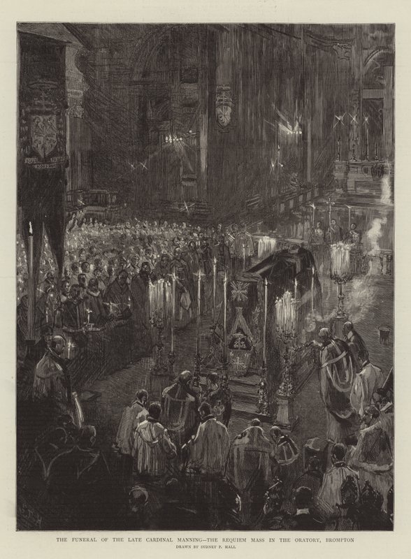 Edesmenneen kardinaali Manningin hautajaiset, Requiem-messu oratoriossa, Brompton tekijältä Sydney Prior Hall