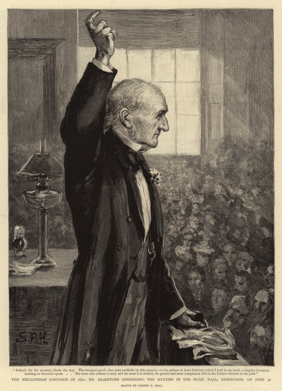 Mid-Lothian Campaign 1892, herra Gladstone puhui kokouksessa Music Hallissa Edinburghissa 30. kesäkuuta tekijältä Sydney Prior Hall