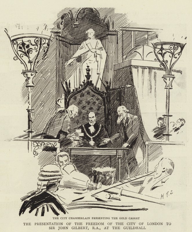 Lontoon Cityn vapauden esitys Sir John Gilbertille, RA, Guildhallissa tekijältä Sydney Prior Hall