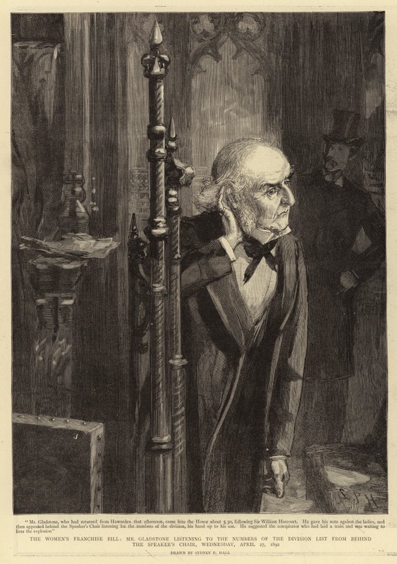 Naisten franchise-laki, herra Gladstone kuuntelemassa jaostoluettelon numeroita puhemiehen tuolin takaa, keskiviikkona 27. huhtikuuta 1892 tekijältä Sydney Prior Hall